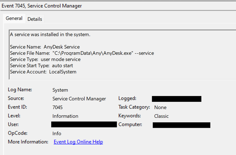 During the deployment of AnyDesk, a service creation event was generated under the System channel