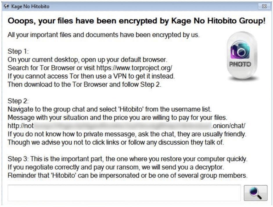 KageNoHitobito ransomware’s ransom note displayed on the victim’s desktop
