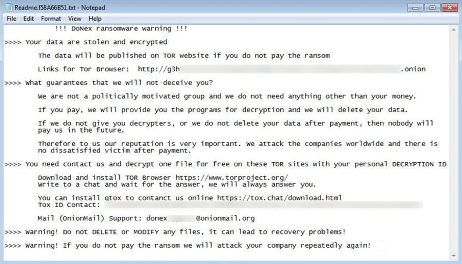 The DoNex ransomware’s ransom note