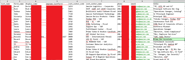 Snippet from the data related to Amazon.com containing entries for over 2,500,000 Amazon employees