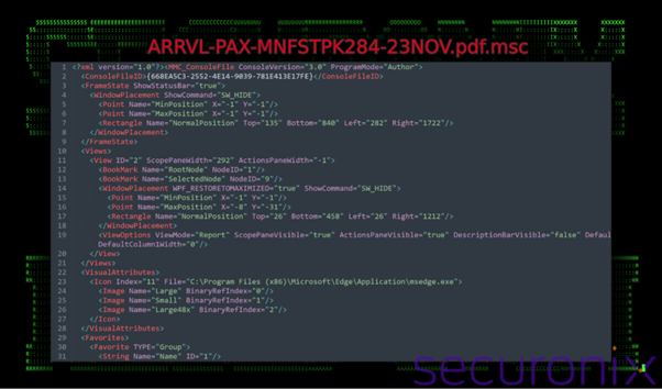 XML contents of ARRVL-PAX-MNFSTPK284-23NOV.pdf.msc phishing lure