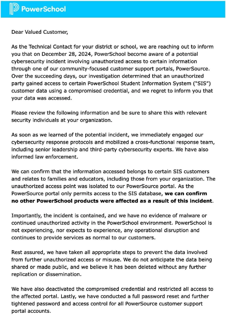 Here is the full email from PowerSchool shared by Walker County Schools