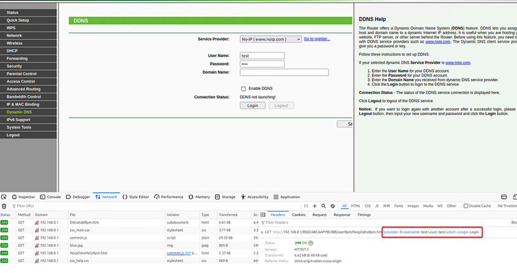 Configuring DDNS sends a request to the NoipDddnsRpm.htm endpoint with 4 parameters