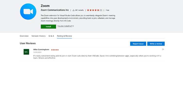 A single positive review for the extension, submitted on the same day of its release.