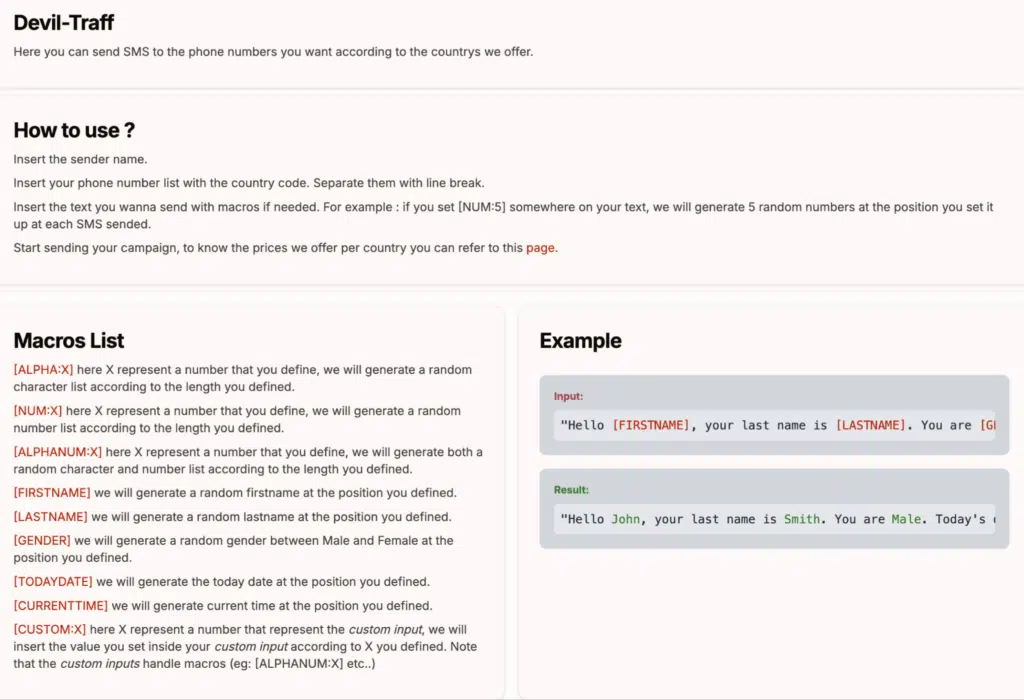 Part of the user dashboard for Devil-Traff SMS platform