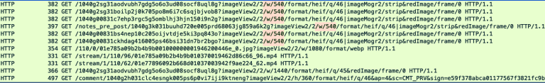 A screenshot of a network capture from RedNote in Wireshark; highlighted are matches for “/w/540”, each of which corresponds to a request for the preview thumbnail of a video made entirely unencrypted and in the clear.