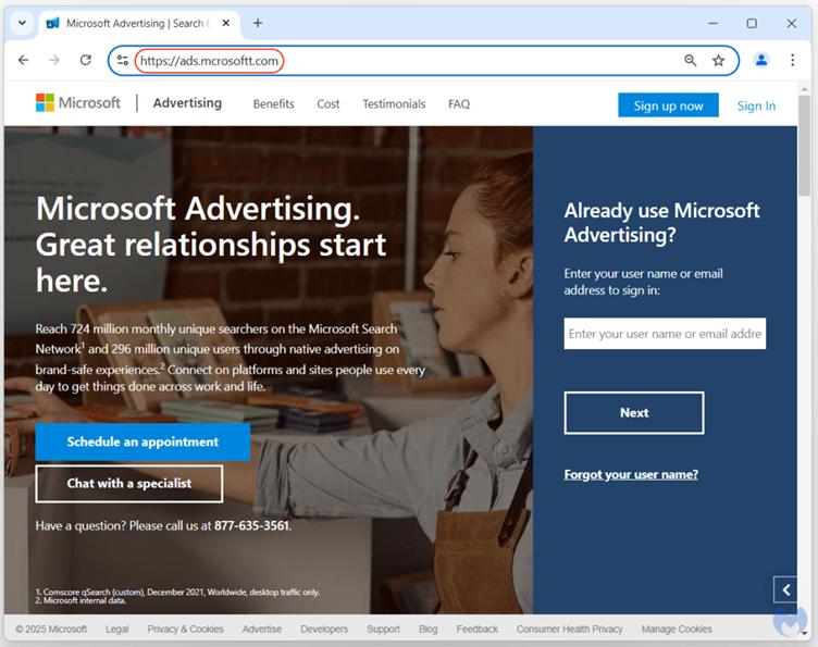 Microsoft Advertising phishing page