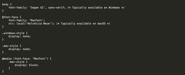 An example HTML code snippet that shows how the CSS font-face at-rule can be used to fingerprint the operating system of the recipient’s device and then show or block specific contents using the availability of certain fonts.