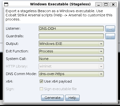     The dialog box for payload generation for a DNS list is shown by the new DNS Comm mode option. This can be configured in such a way that a DOH -BEACON is set up that uses the standard -DOH settings.