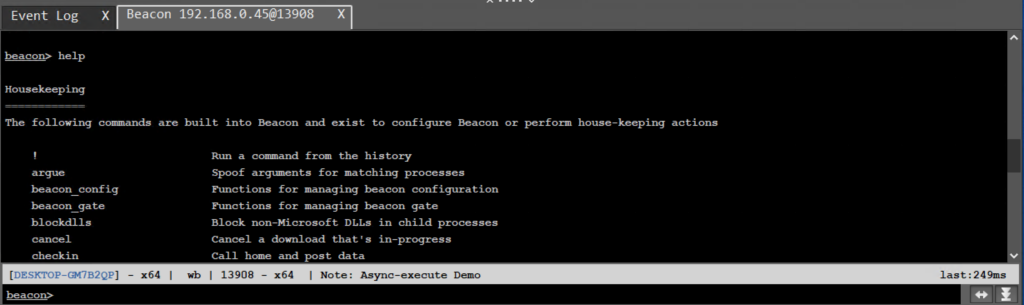 A screenshot with the updated help command from Beacon, which was reorganized in groups.