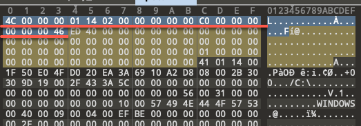 Highlighted HeaderSize and LinkCLSID within an .lnk file