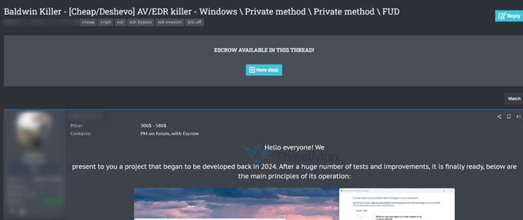Hackers Claim to Sell ‘Baldwin Killer’ Malware That Evades AV and EDR