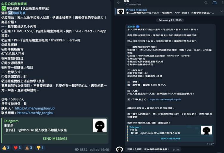 Wang Duo Yu marketing the kits in telegram channels