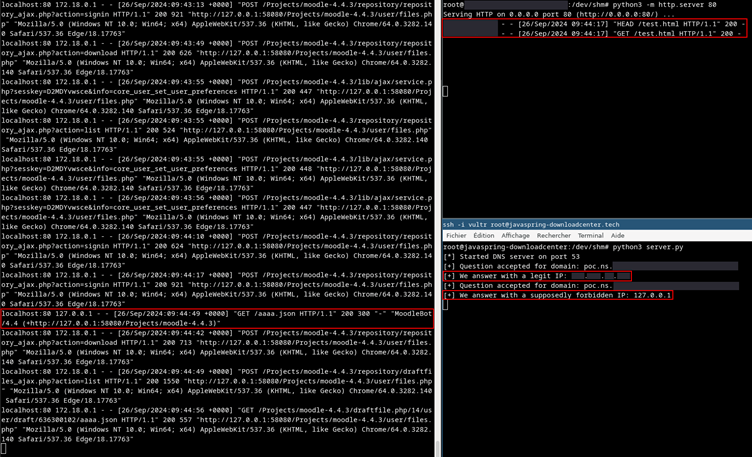 Moodle Core vulnerabilities Allow Attackers to Evade Security Measures 6 Moodle Web server logs on the left and c2 logs on the right