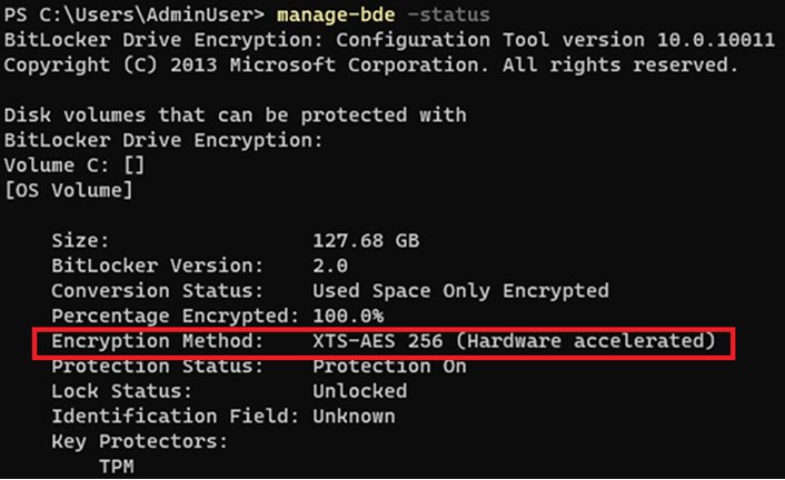 A command-prompt interface shows hardware-accelerated BitLocker as the encryption method