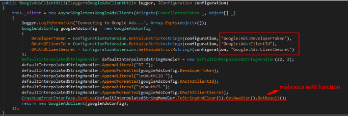 Google Oath exfiltrated by the SendLog function.