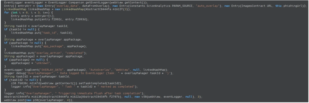FvncBot Android Malware Steals Keystrokes and Injects Harmful Payloads 4 The image depicts a screenshot of a function used to log data collected from an overlay