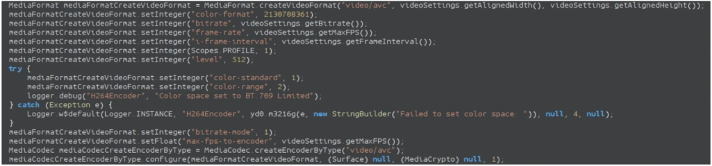 FvncBot Android Malware Steals Keystrokes and Injects Harmful Payloads 5 A function with H.264 encoder implementation