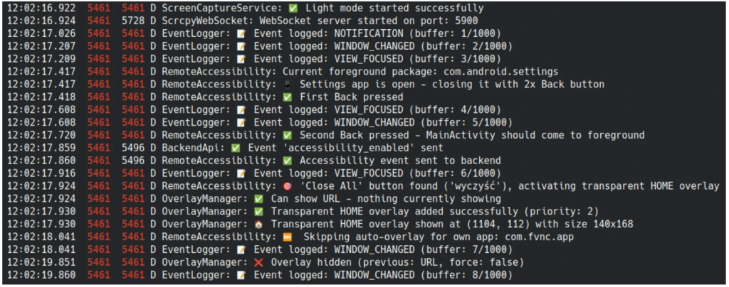 FvncBot Android Malware Steals Keystrokes and Injects Harmful Payloads 3 the logcat tool output with bot debug messages