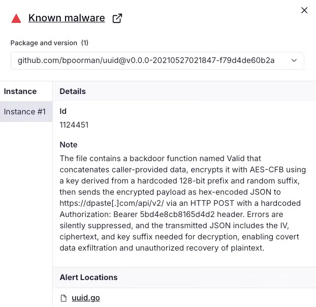 Socket AI Scanner’s analysis of the malicious github[.]com/bpoorman/uuid package 