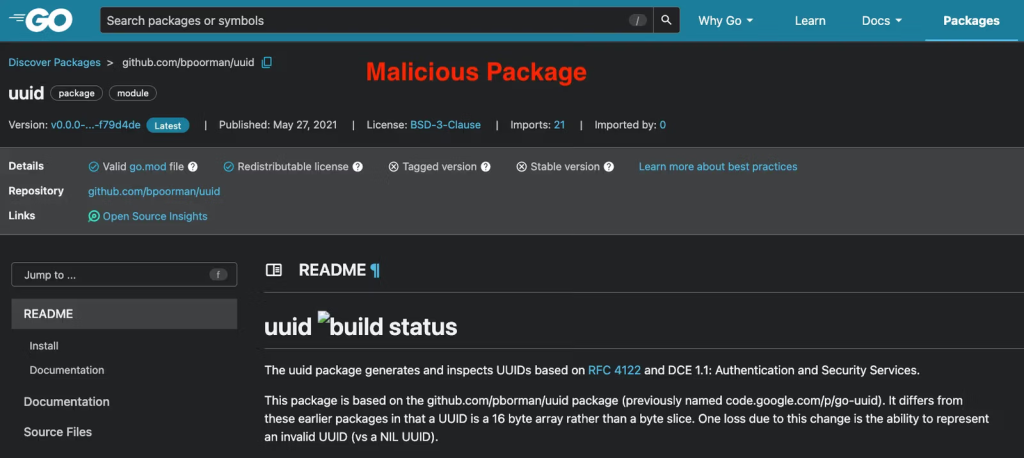page for the malicious github[.]com/bpoorman/uuid Go package