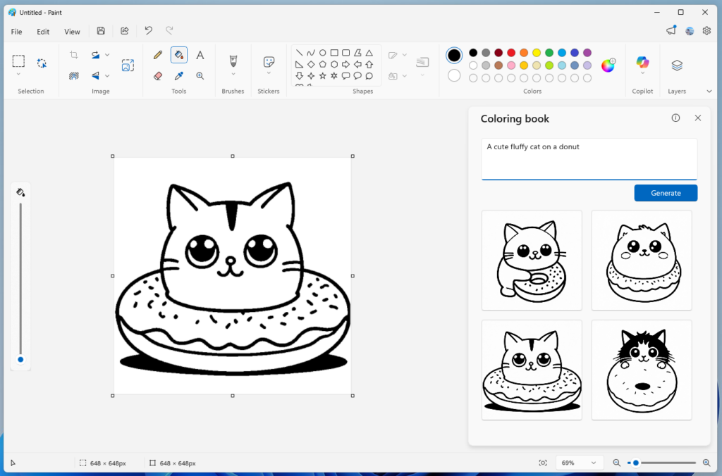 Paint app showing a cat on a donut coloring book page. (Source: Microsoft)