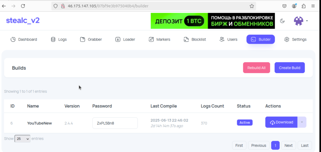 StealC build page with example build called “YouTubeNew.”