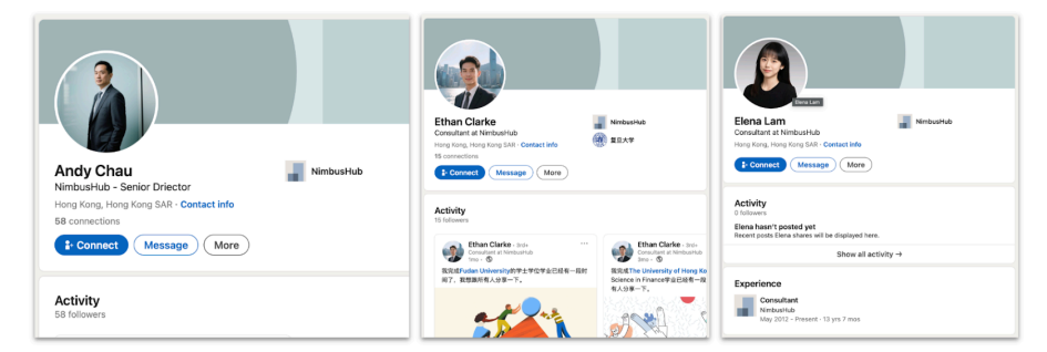 Screenshots of LinkedIn profiles affiliated with Nimbus Hub Consulting (Source : OpenAI).