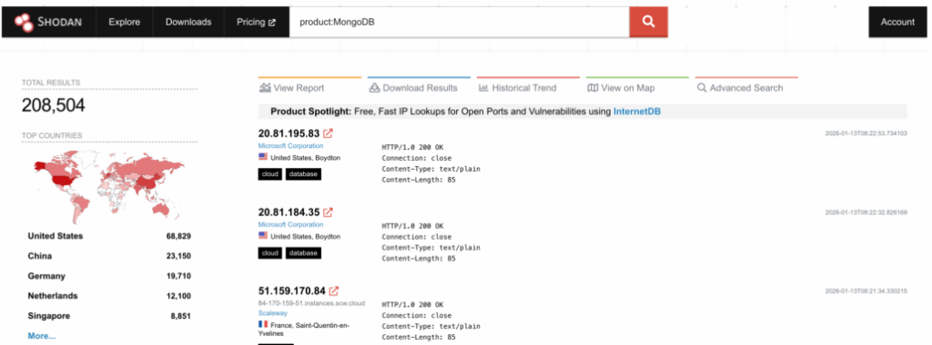 Shodan search for internet connected MongoDB instances(source:Flare)