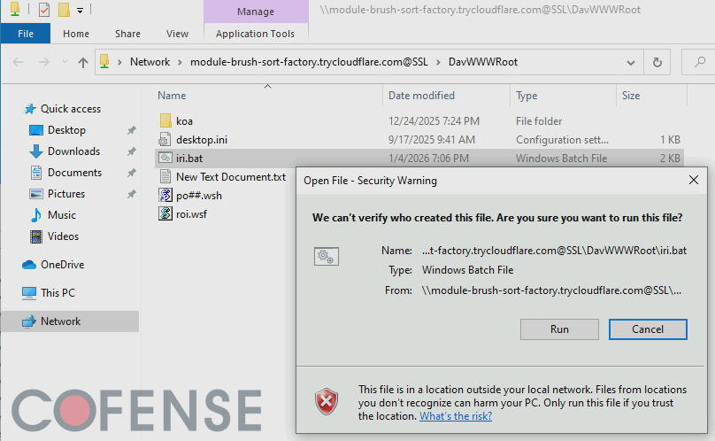 Windows File Explorer is by default configured to provide a message to confirm whether the file is intended to be run. (Source: Cofense)