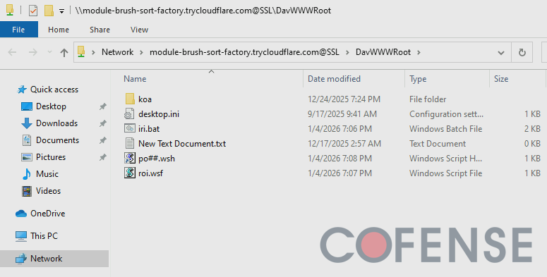 Windows File Explorer connected to a WebDAV server hosted on module-brush-sort-factory[.]trycloudflare[.]com. (Source: Cofense)