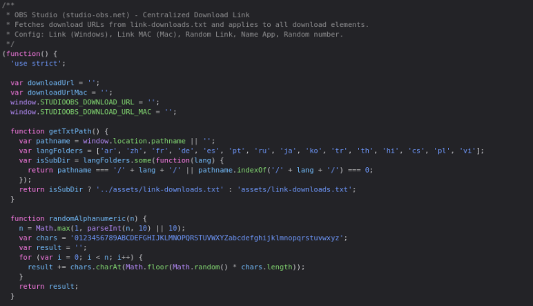Download-link.js on studio-obs[.]net (Source : NCC). 