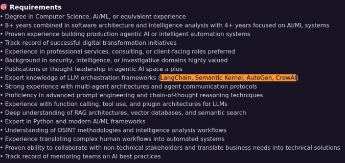 List of skills in the Lead AI Architect role (Source : Nisos).