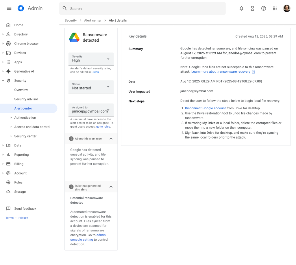 Alert detail on the ransomware detection (Source: Google)
