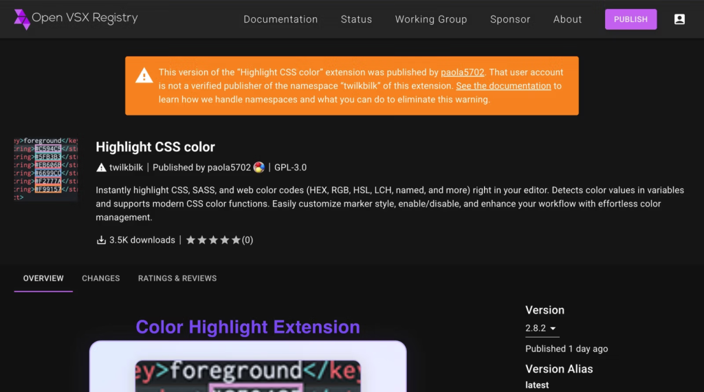 Screenshot of the malicious twilkbilk.color-highlight-css Open VSX extension (Source: Socket)