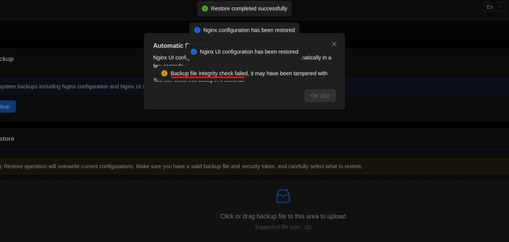 The system accepts the modified backup (Source: Github)