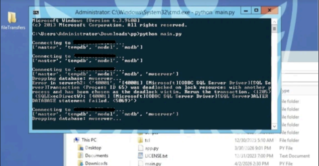 Scripted SQL Server database deletion via main.py (Source : Gambit).