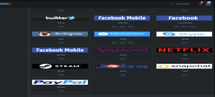 SniperDz platform offering ready-to-use phishing templates of global brands (Source : GroupIB).