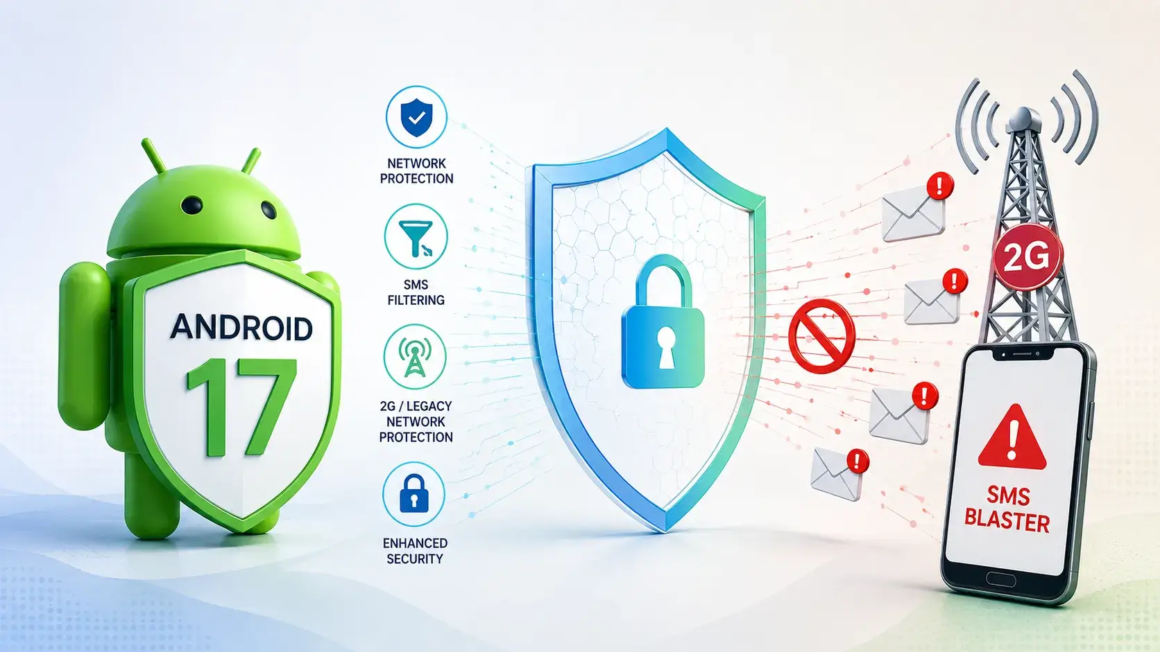 Image for the article: Android 17 Adds New Network Security Features to Block 2G SMS Blaster Attacks