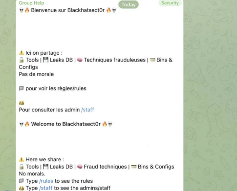 The crew’s Telegram group welcome message, bilingual French and English, consistent with the crew’s composition (Source : Socradar).