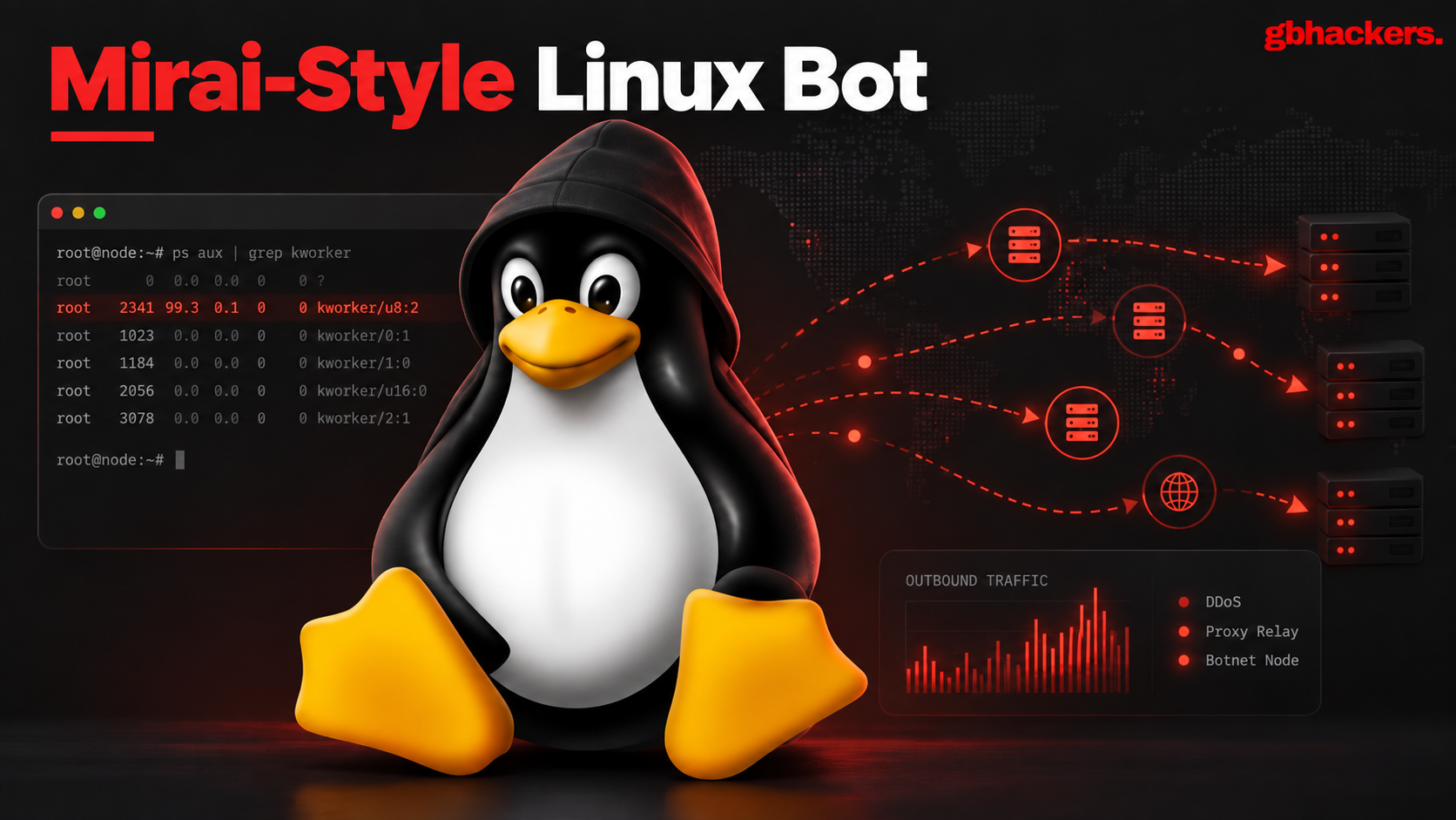 Image for the article: Tengu Mirai-Style Linux Bot Hides as Kernel Worker to Launch DDoS and Proxy Attacks
