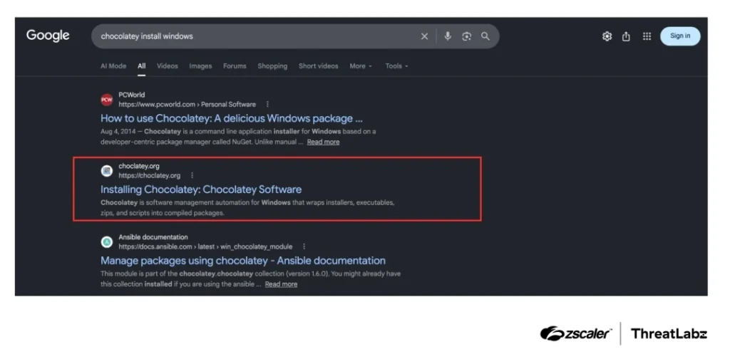 Google search results for “chocolatey install windows”. (Source: zscaler)
