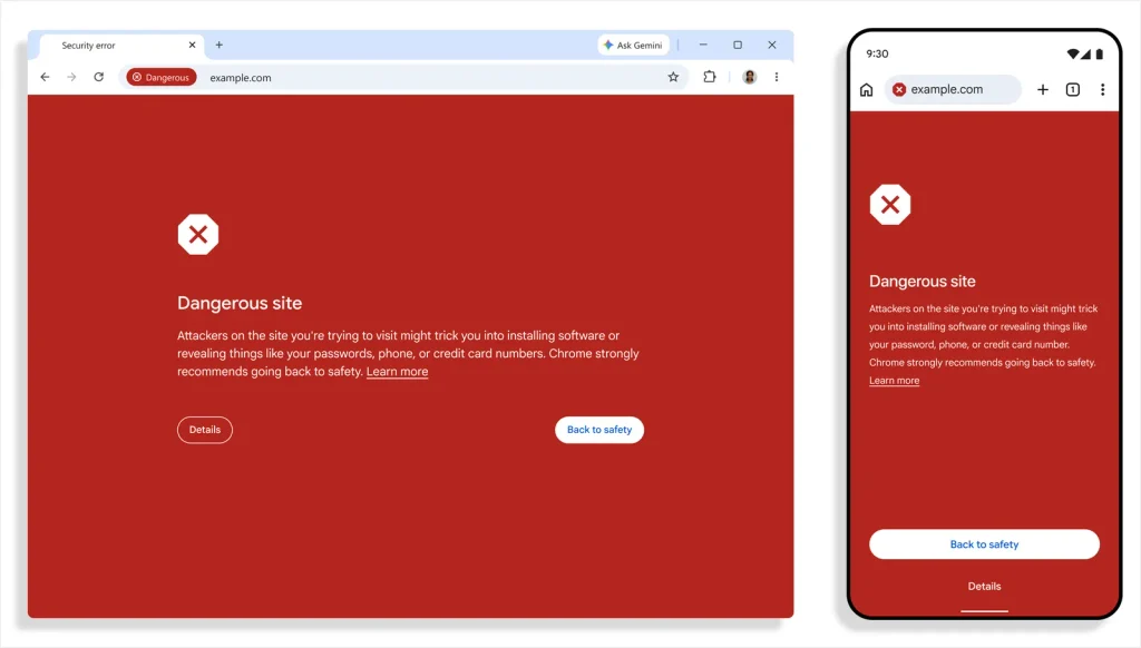 Dangerous site warnings in Chrome (Source: Google)