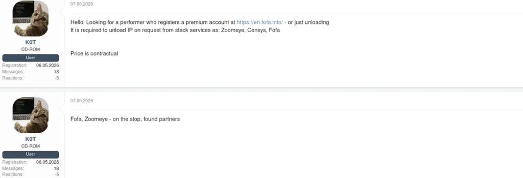 
k0t requests a premium FOFA account or on-demand IP exports from FOFA, ZoomEye and Censys (Source : GroupIB).